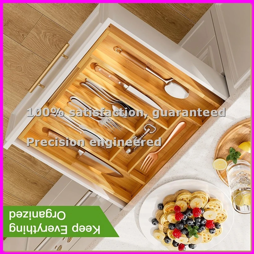 Drawer Organizer Tray - Bamboo Expandable Drawer Organizer for Utensils